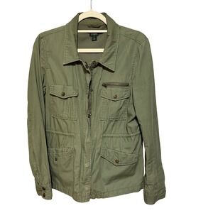 J Crew Utility Jacket Military Green Cargo Pockets Zip Snap Button Sz L